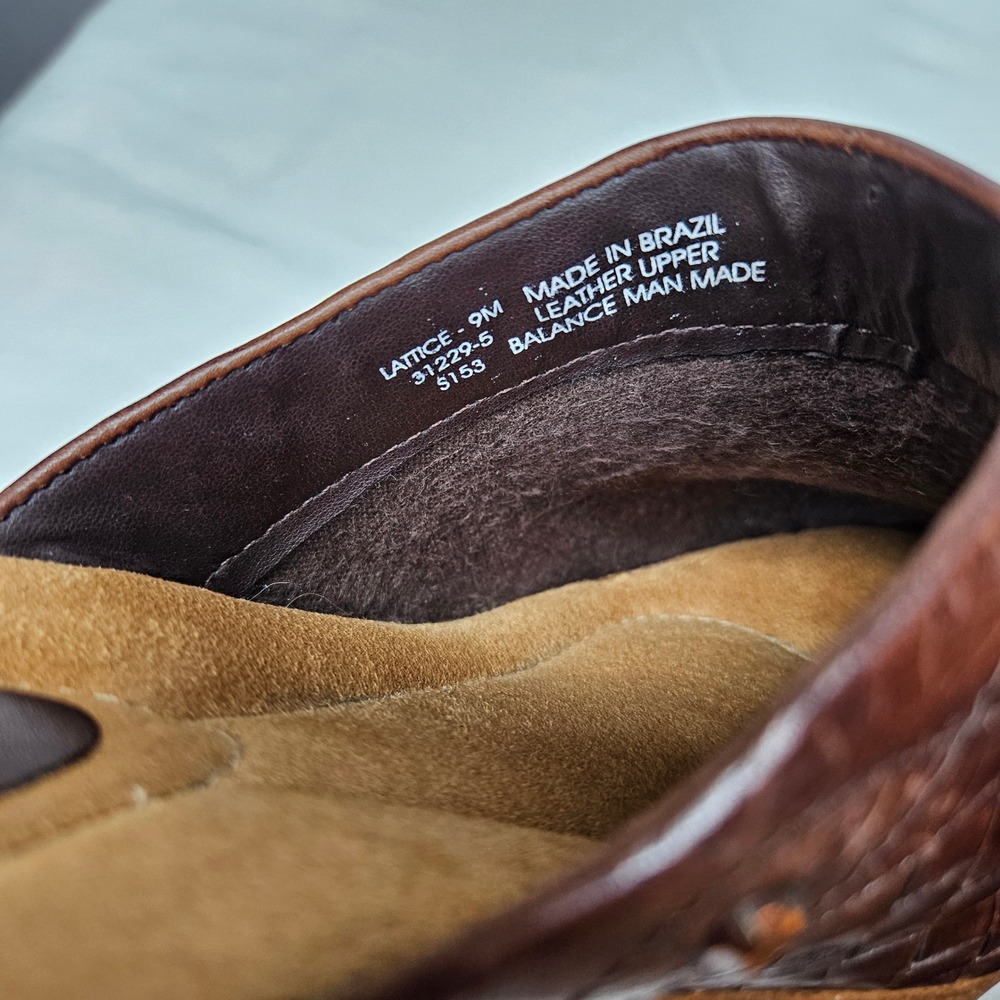 Dr Scholls Lattice Brown Woven Leather Clog Mules Wedge Platform Rhinestone 9M - Picture 3 of 9